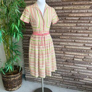 Vintage-Inspired Pink & Green Striped Midi Dress